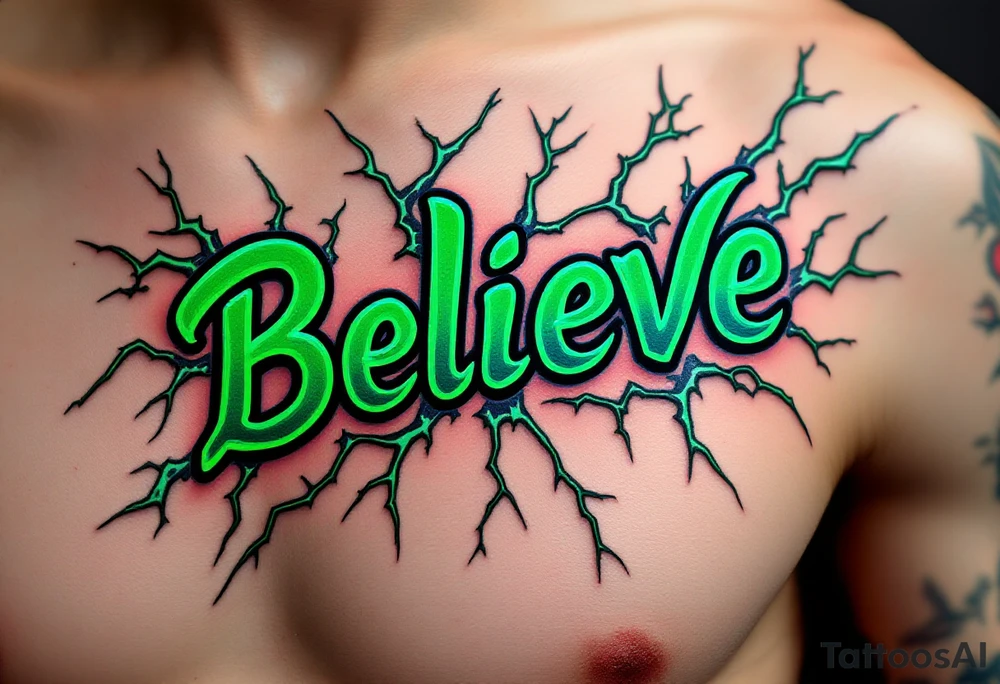 "Believe" in green, surrounded by crackling energy lines, symbolizing growth and breaking free from doubts. tattoo idea