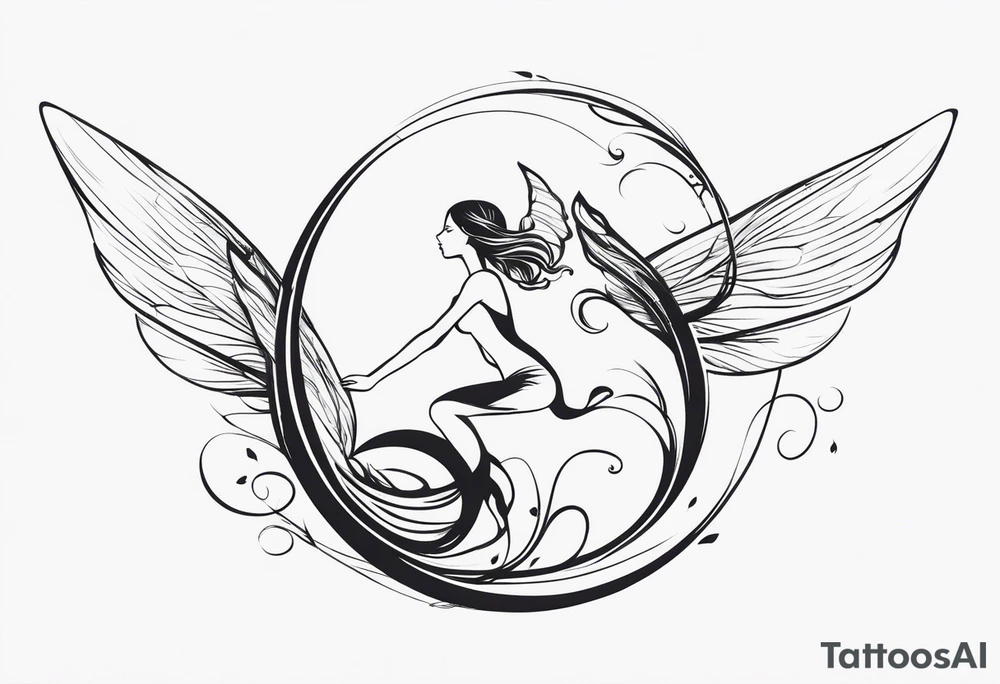 Minimalistic, monochromatic fairy with a tail flying to the left in a fetal position, leaning and looking in the same direction, with visible hands, embodying the 'Fairy Tail' logo aesthetic. tattoo idea