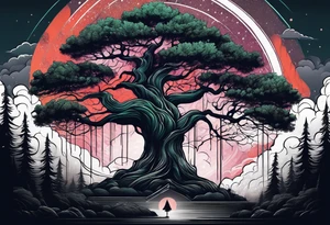 Tree in dark forest in heavy rainfall tattoo idea