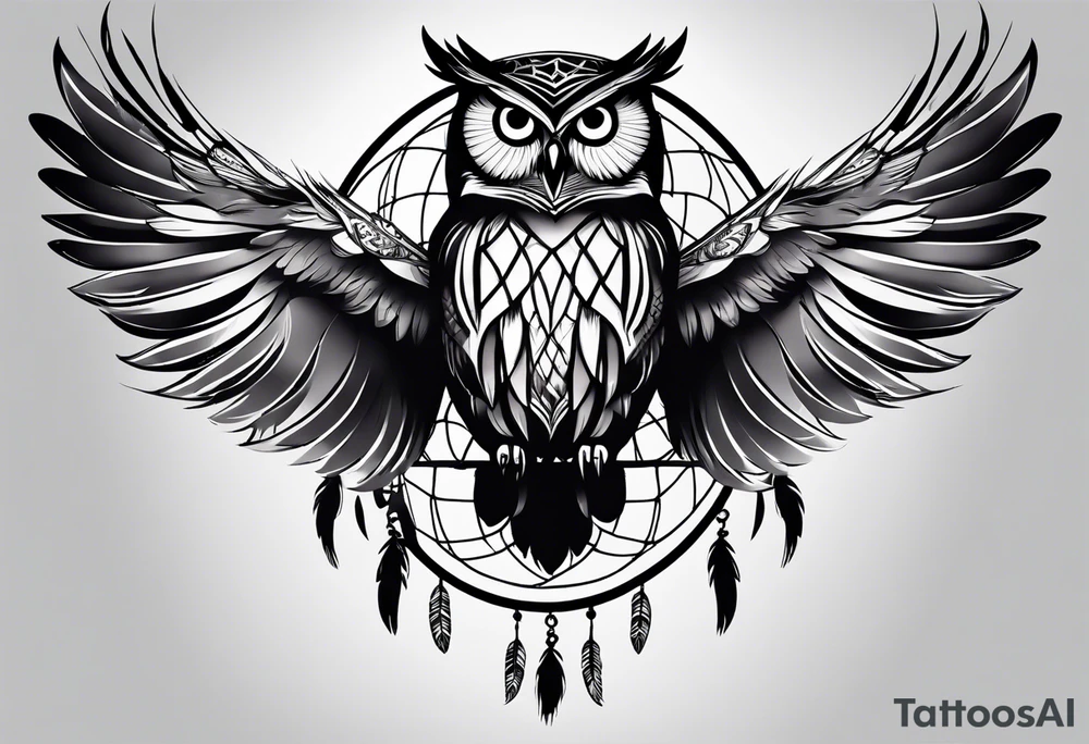 Owl and dreamcatcher back of calf idea tattoo idea