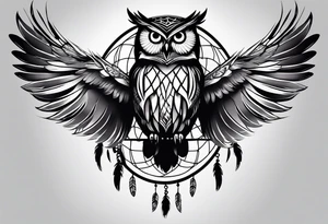 Owl and dreamcatcher back of calf idea tattoo idea
