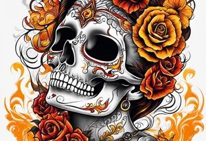 Woman orange yellow red inhaling smoke skull showing through skin tattoo idea