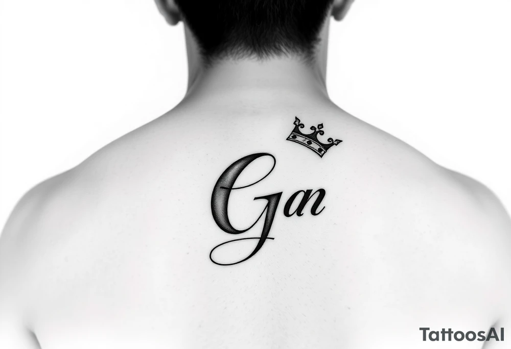 Capital G in handwritten script with a crown tilted to the left on the front right shoulder tattoo idea