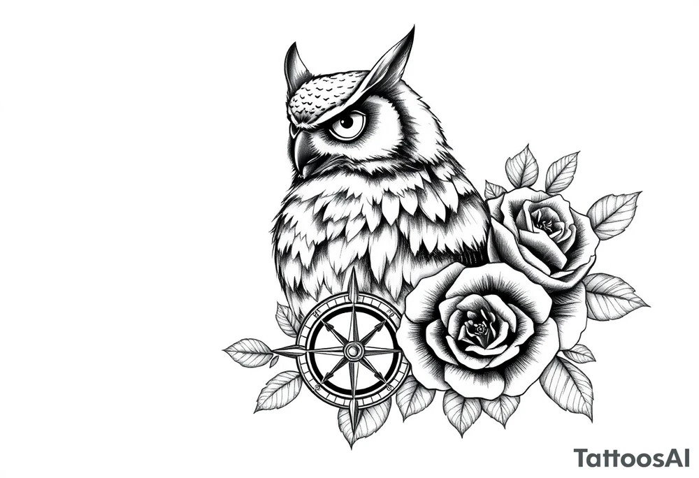 an owl,compass,roses, tattoo idea