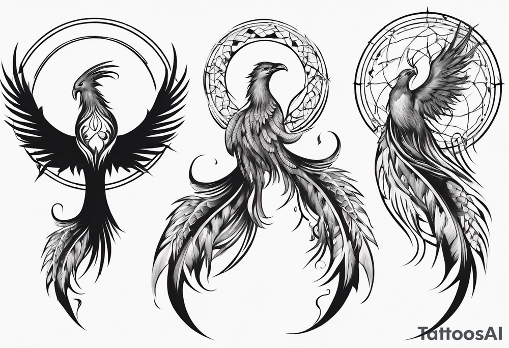 Vertical open mouthed flying Phoenix in circle with long abstract dream catcher tail tattoo idea