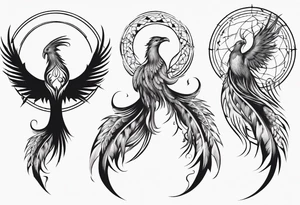 Vertical open mouthed flying Phoenix in circle with long abstract dream catcher tail tattoo idea