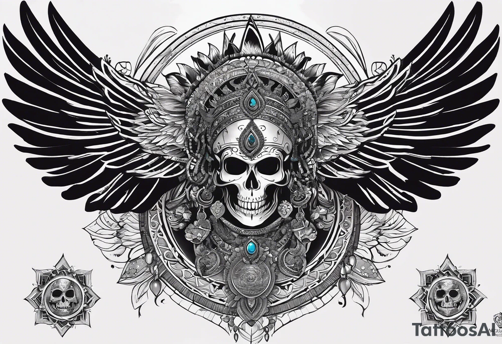 black kali, goddess pirate, alien, pachamama, valkrye, warrior, skull, lotus azul, wing, eagle, zenza resonance, stars, 5D, anahata chakra tattoo idea