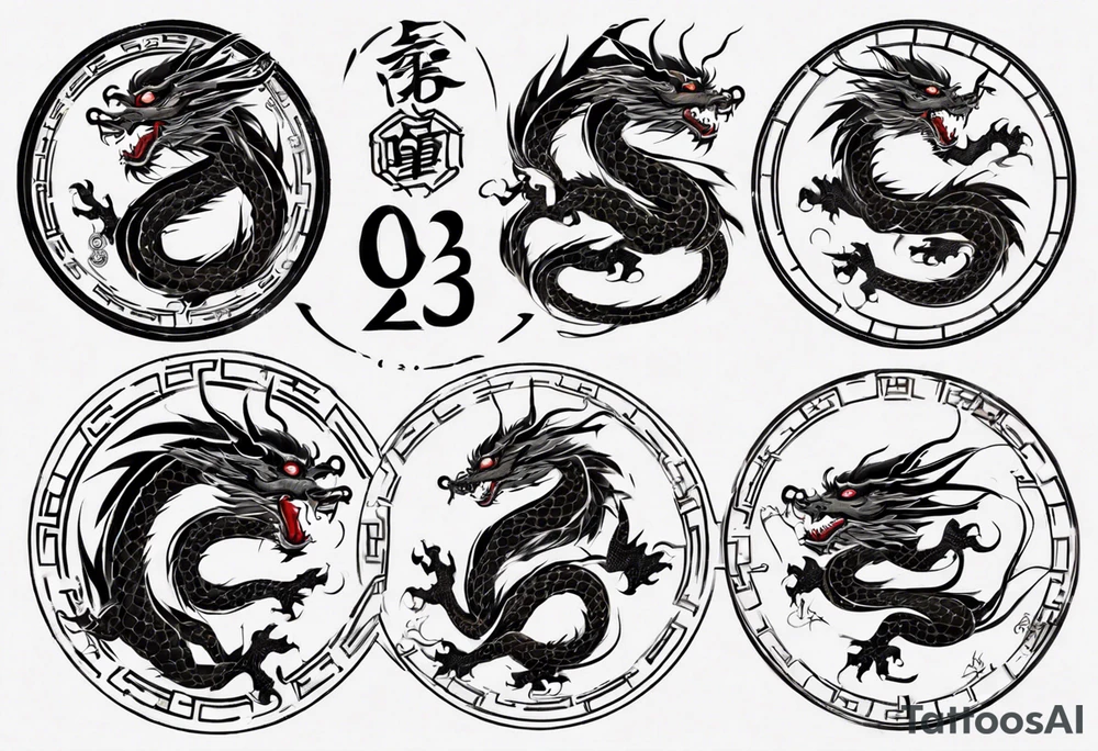 Chinese dragon in a circular shape with "02.03" written on its skin tattoo idea