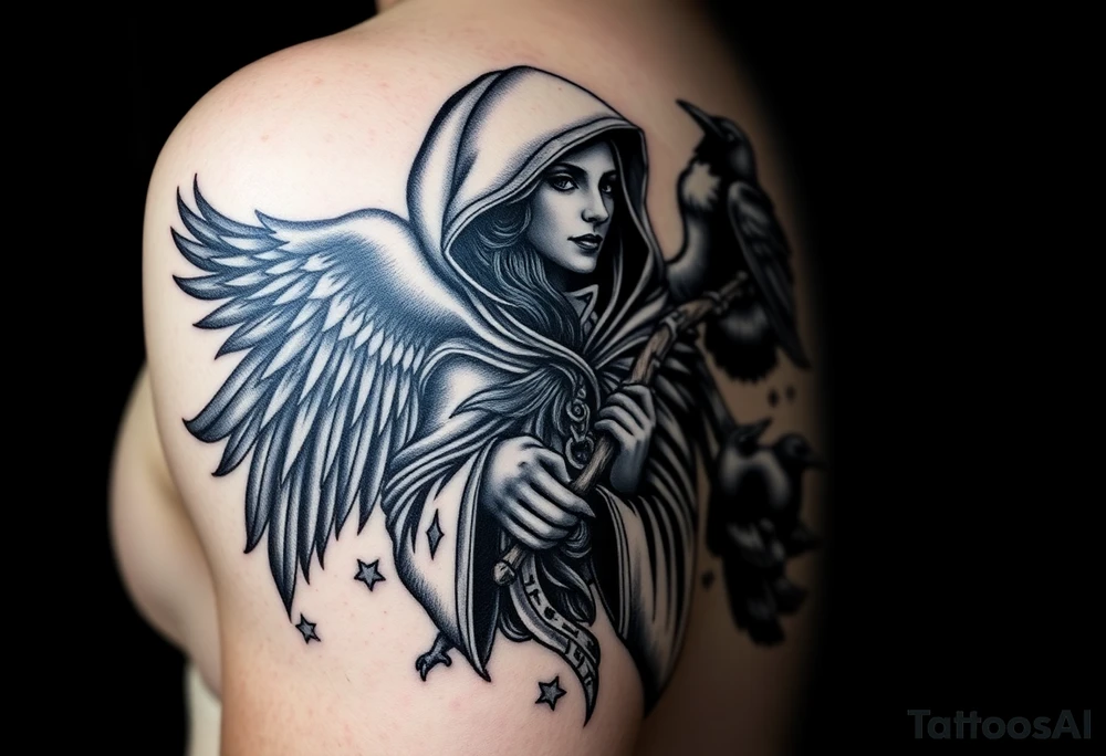 Left arm

Morrigan Celtic  goddess of death is the primary focus of the tattoo

Morrigan is older magical woman with a hood and wooden wand

Powerful dark magic

Multiple crows. 

. Realistic, black and white

Stronger focus on Celtic symbolism

Protector of natural world

Complex level of detail tattoo idea