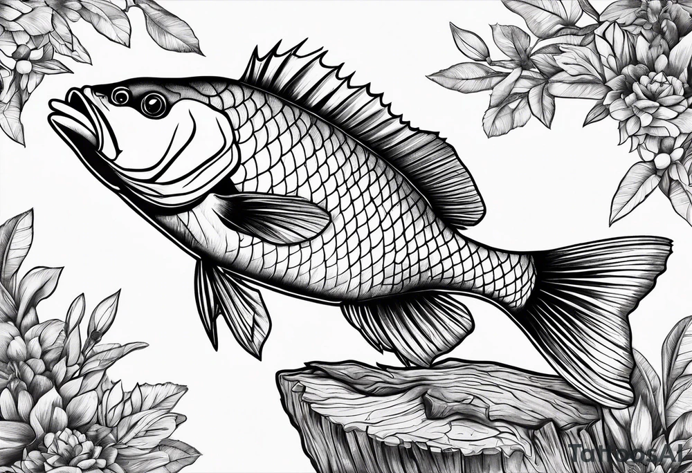 Golden perch on a big log tattoo idea