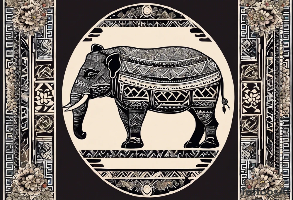 A foot long 2.5inches wide tattoo, containing a detailed hippo headwith tribal patterns in the middle, a full moon on the upper side, and some wintersweet flowwer on the bottom side, these three components are connected with arches, lines, little geometric patterns, the lines will ne fine and narrow tattoo idea
