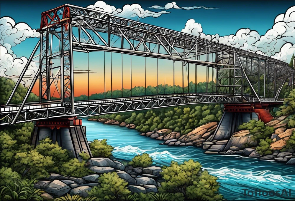 steel truss cantilever bridge over river, tattoo idea
