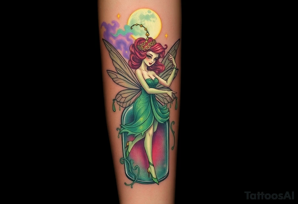 Tim Burton’s kelly doty pin up style Vintage Parisian elegant and hauntingly beautiful yet eerie full body absinthe Green Fairy dances outside her victorian crystal decatur she was once inside this elaborate ornate bottle absinthe bottle Absinthe Art Nouveau   and dripping with muted reds, dusty pinks, and eerie green glow.purple and cyan smokey clouds swirl in the crescent moonlit sky thats sprinkled with stars tattoo idea