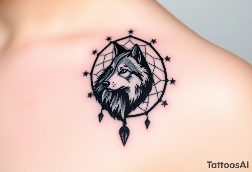 A wolf’s silhouette within a dreamcatcher, with stars scattered across the background. The wolf is shaded in black and gray. tattoo idea