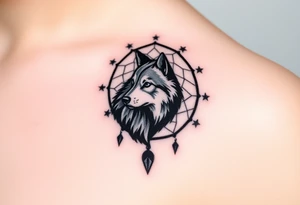 A wolf’s silhouette within a dreamcatcher, with stars scattered across the background. The wolf is shaded in black and gray. tattoo idea