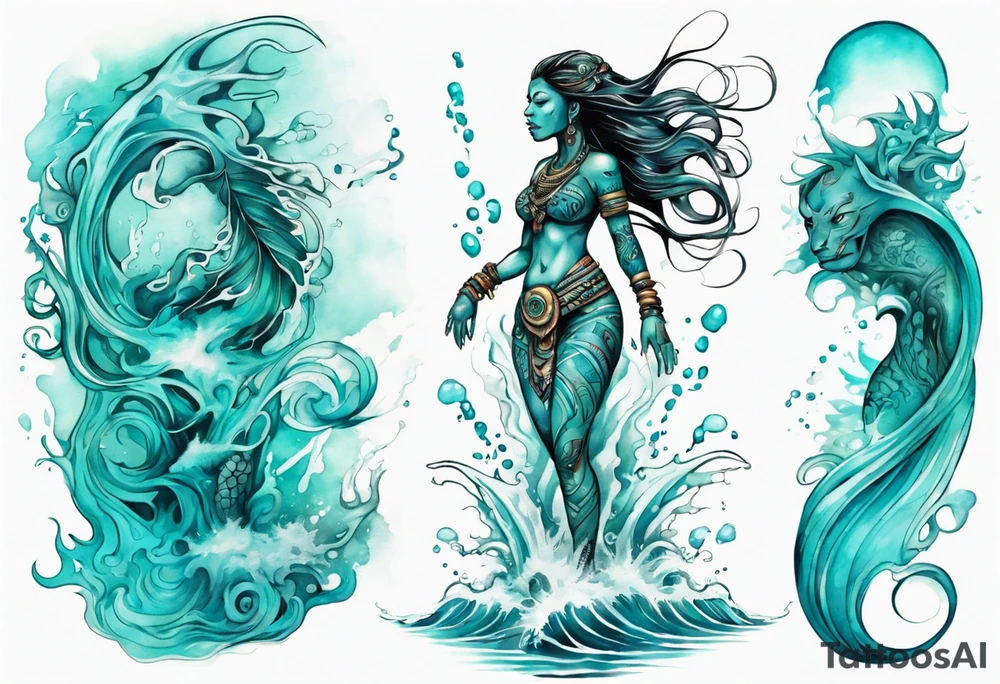 a turquoise Na'vi woman standing in the sea with water for legs surrounded by crashing waves tattoo idea
