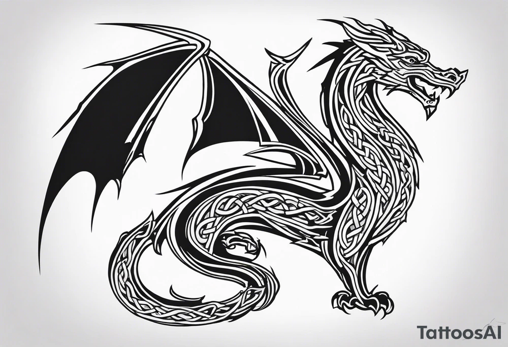 Celtic dragon tattoo with head on chest and tail that wraps over trapezius onto back tattoo idea