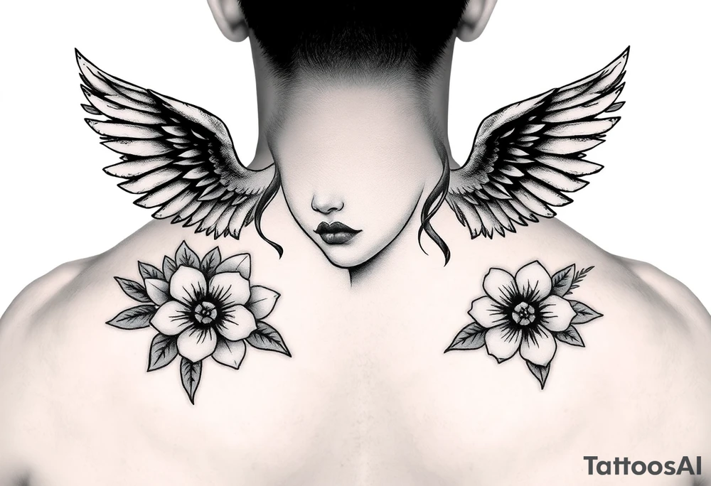 girl face with angel wings and flowers tattoo idea