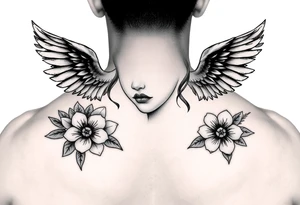 girl face with angel wings and flowers tattoo idea
