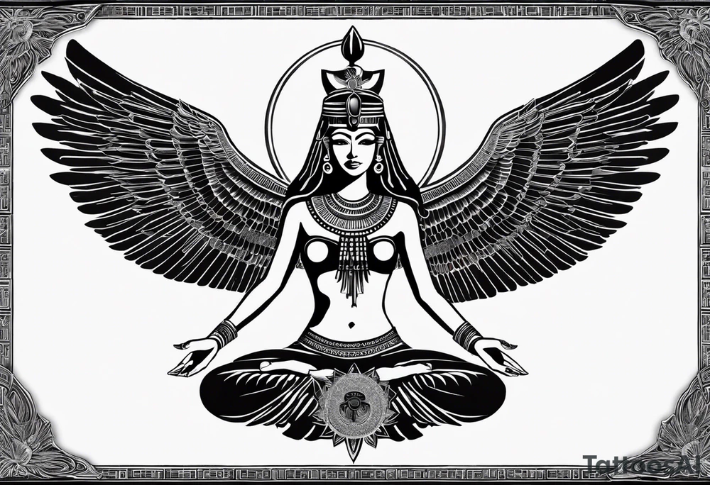 black and white Egyptian goddess Isis, who is often depicted as a woman with outstretched wings, holding an ankh (a symbol of life) in one hand and a lotus flower in the other. Her headdress often includes a throne or a solar disk. The tattoo design can vary in style and size, but it typically aims to capture the essence of this revered Egyptian deity, emphasizing her beauty, power, and maternal qualities. The choice of colors and additional elements can also be customized to create a unique and visually striking representation of the goddess Isis tattoo idea