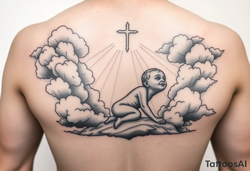Babyboy crawling up to heavens gate in the clouds tattoo idea