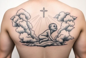 Babyboy crawling up to heavens gate in the clouds tattoo idea