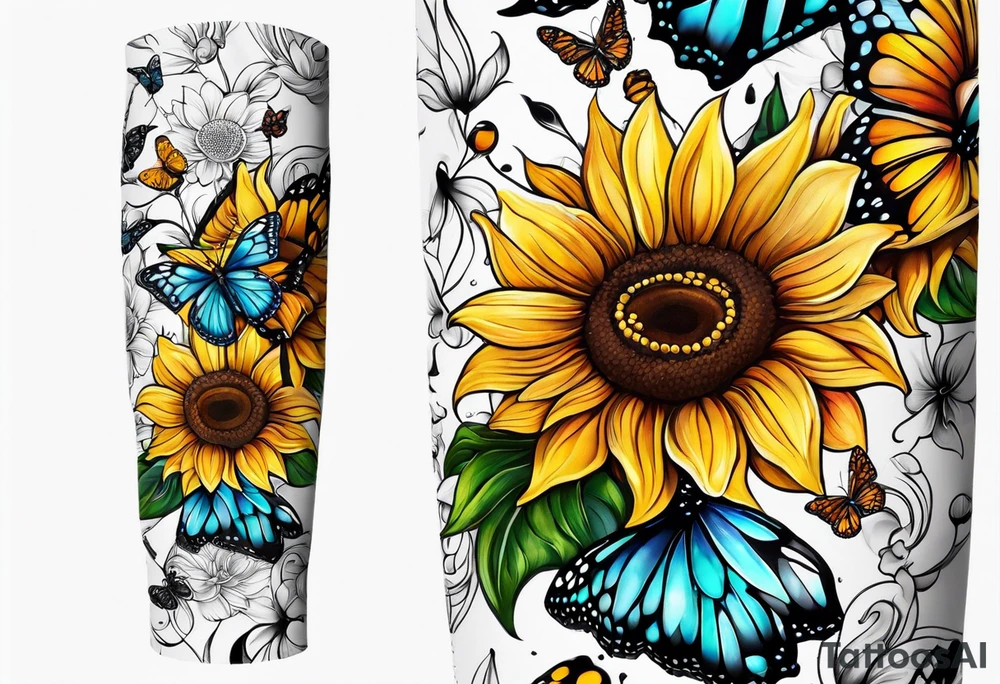 Arm sleeve with sunflowers and butterflies tattoo idea