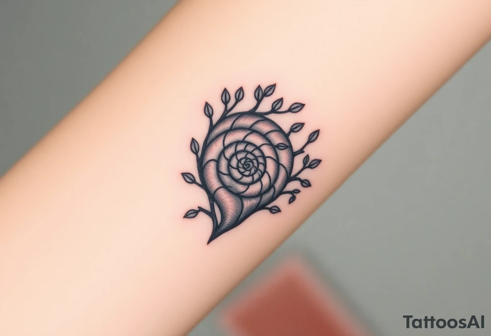 Fibonacci spiral shell inside of tree with little leaves tattoo idea