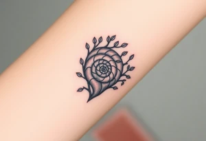 Fibonacci spiral shell inside of tree with little leaves tattoo idea