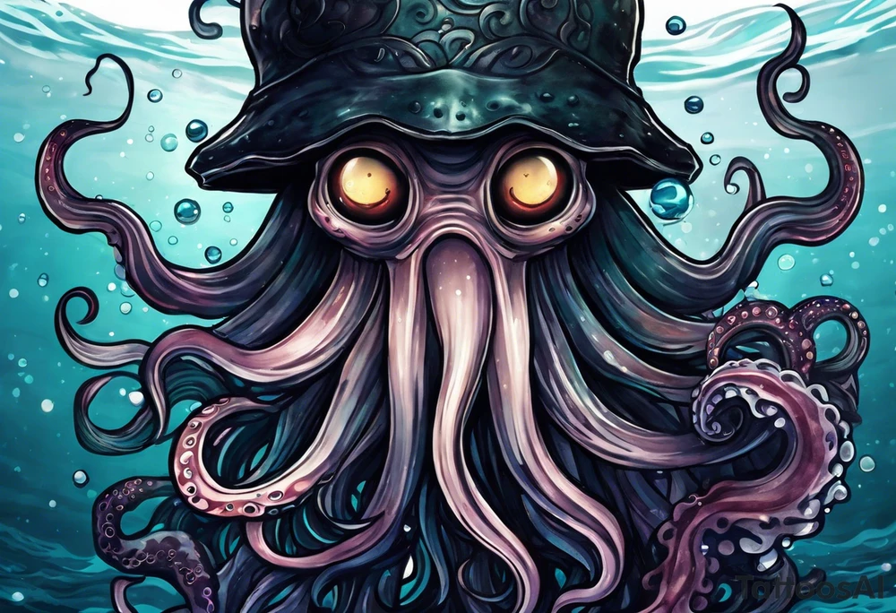 A visual representation of the horror squid concept, showing the squid becoming invisible in ink, its body turning black to blend in with its deep sea environment. The overall environment is dark, creating an eerie underwater atmosphere. tattoo idea