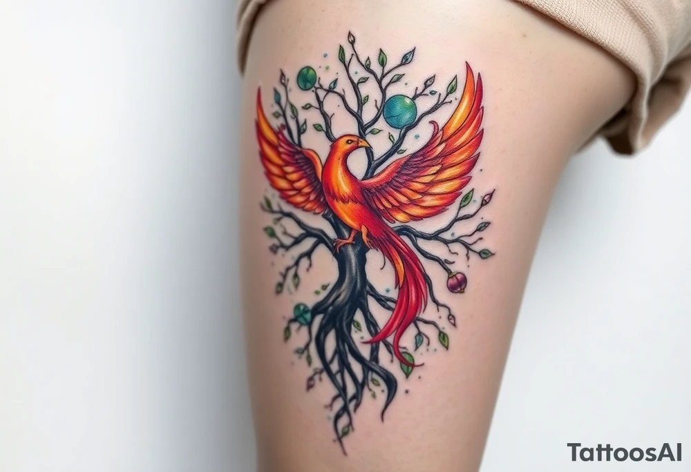 magical tree of life with a phoenix tattoo idea