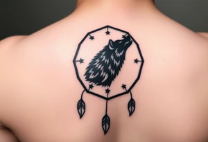 A wolf’s silhouette within a dreamcatcher, with stars scattered across the background. The wolf is shaded in black and gray. tattoo idea