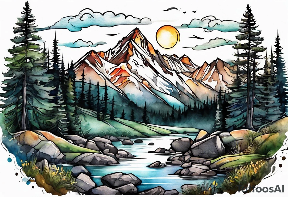 Rocky Mountain valley sunrise tattoo idea