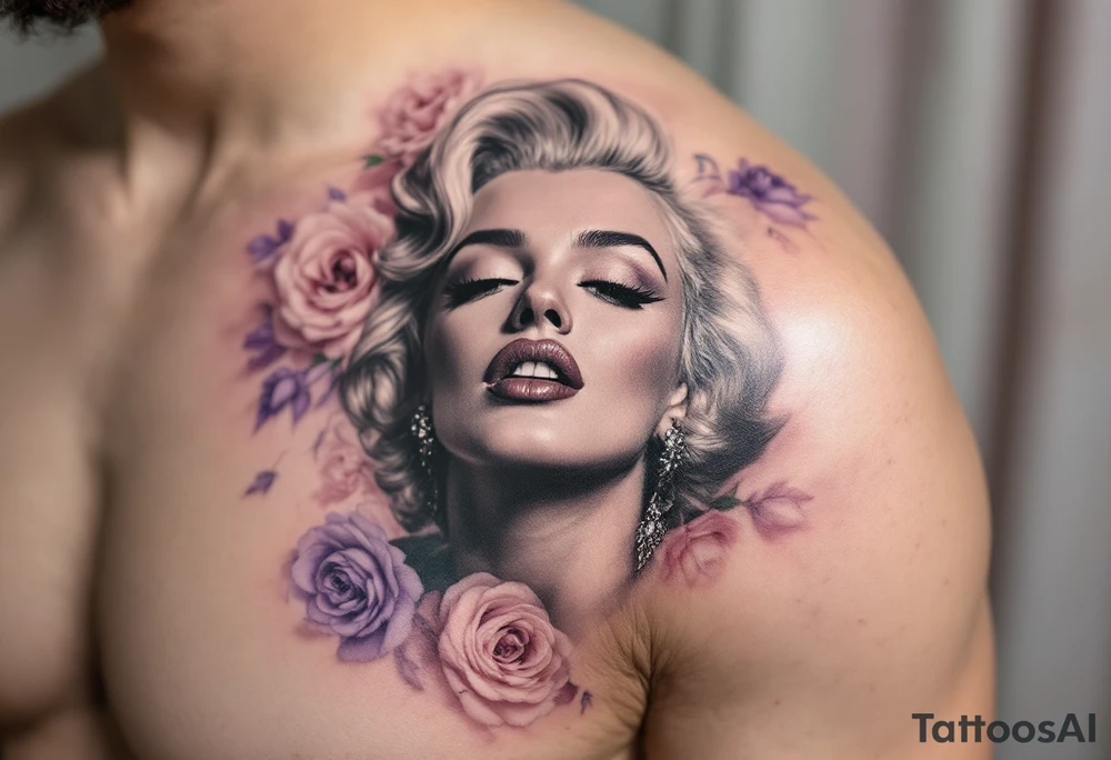 Grayscale Monroe portrait with a background of soft pastel roses in blush pink and lavender. tattoo idea