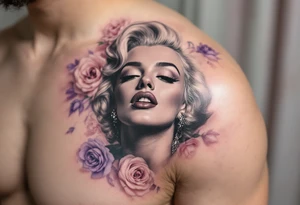 Grayscale Monroe portrait with a background of soft pastel roses in blush pink and lavender. tattoo idea