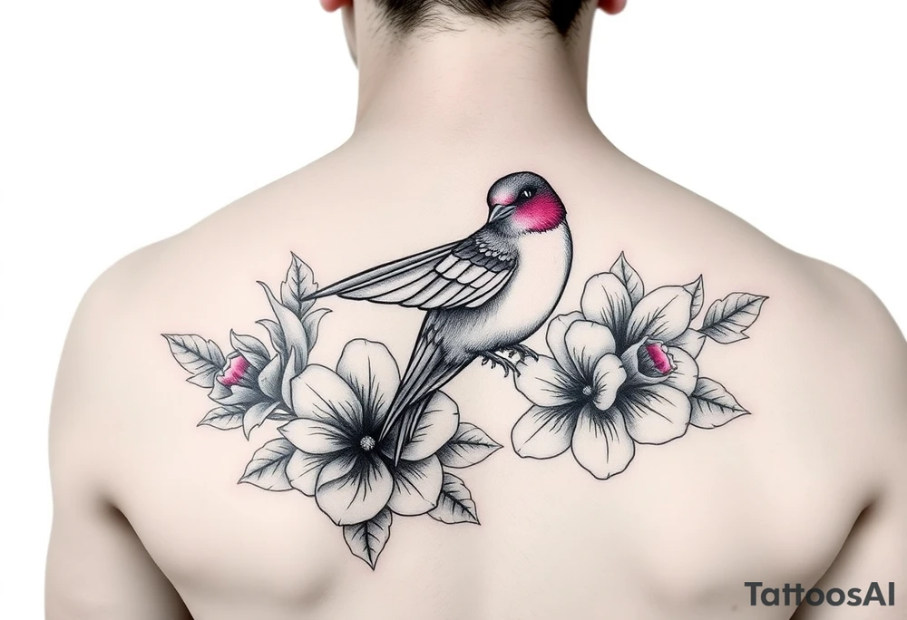 Swallow bird, flowers with ruby color tattoo idea