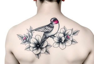 Swallow bird, flowers with ruby color tattoo idea