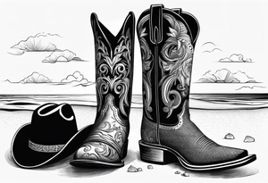 ADD the following three things: mens boots, womens flip flops and a cowboyhat. On the beach tattoo idea