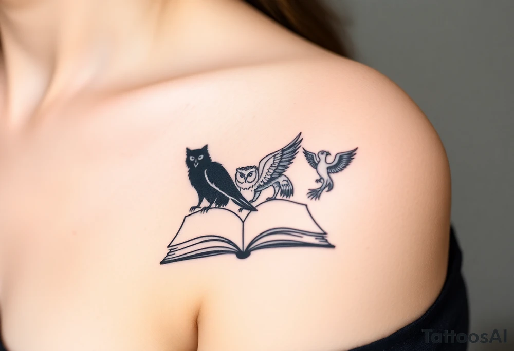 An open book with black silhouettes of a werewolf, an owl, a dragon & a phoenix above it tattoo idea