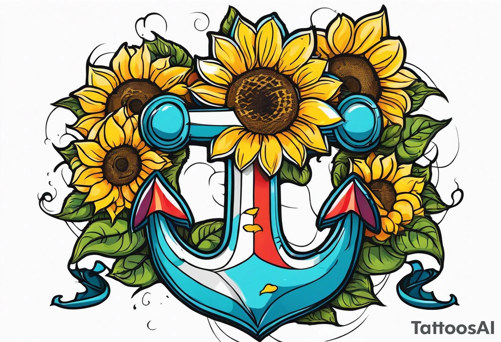 Anchor, wrapped in rope, with sunflowers throughout, thigh tattoo tattoo idea