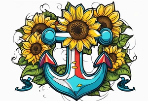 Anchor, wrapped in rope, with sunflowers throughout, thigh tattoo tattoo idea
