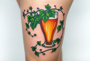 A hop vine wrapping around a pint glass, with delicate tendrils and leaves in vibrant green shades tattoo idea