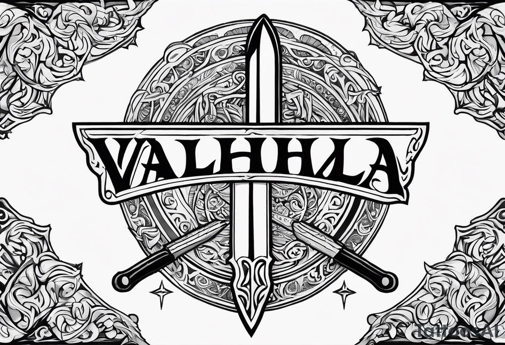 Valhalla scene sword shield tattoo idea