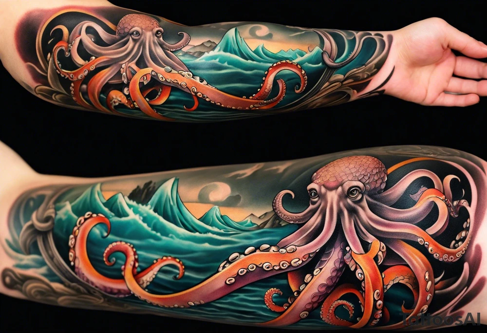 Full sleeve arm tattoo with octopus and sea scene tattoo idea