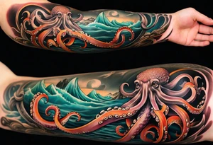 Full sleeve arm tattoo with octopus and sea scene tattoo idea