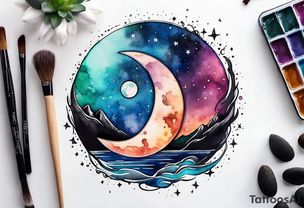 Moon with water color tattoo idea