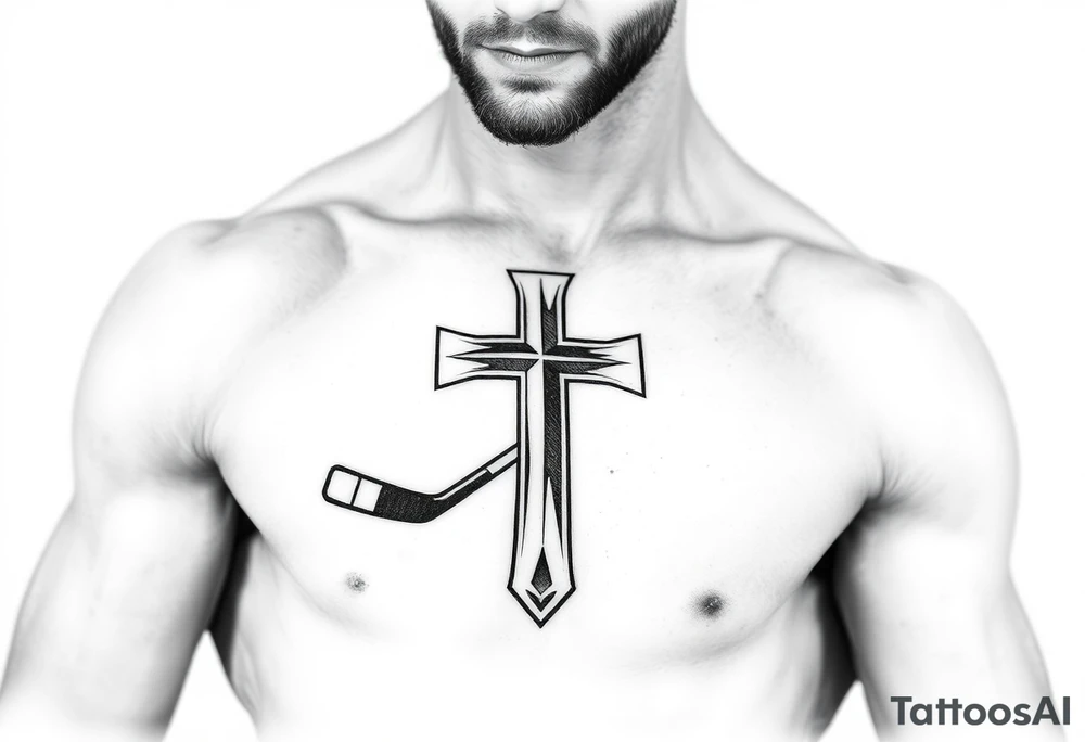 Realistic hockey stick made as a cross tattoo idea