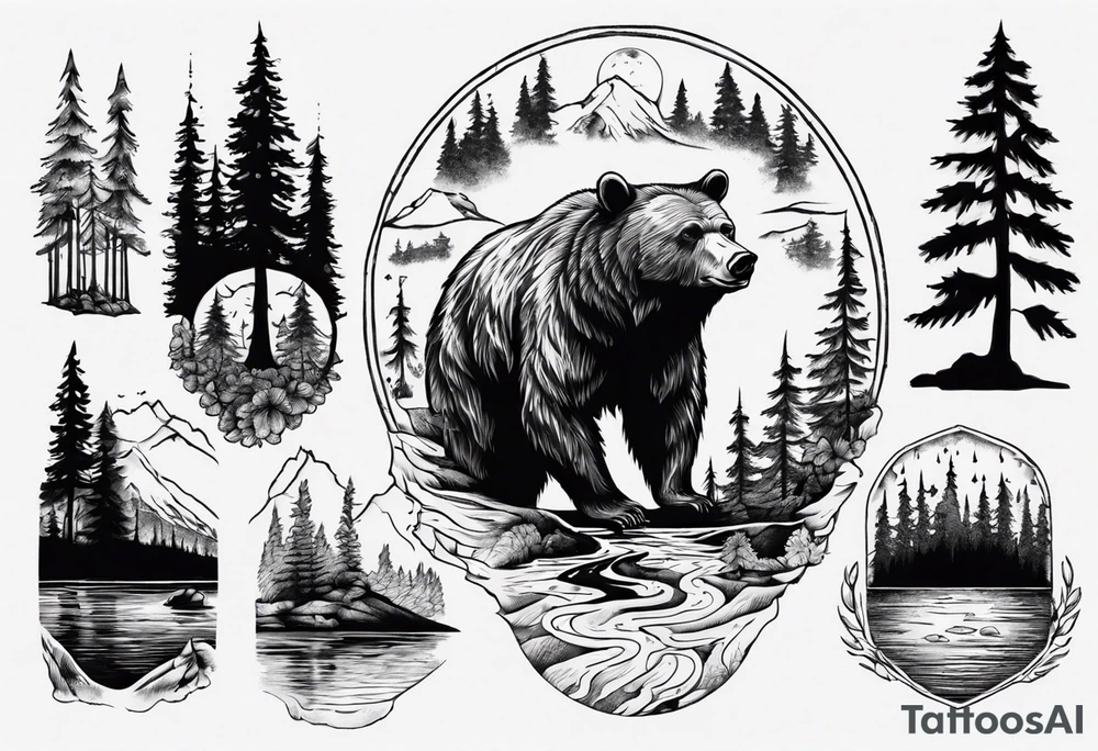 bear, forest, lake, appalachia, arm sleeve tattoo tattoo idea