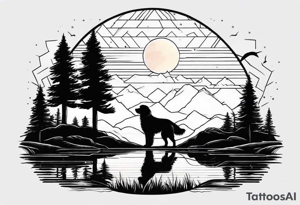 a sunset with two pine trees , a pond and a golden retriever and a Texas theme tattoo idea