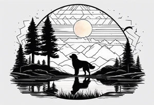 a sunset with two pine trees , a pond and a golden retriever and a Texas theme tattoo idea